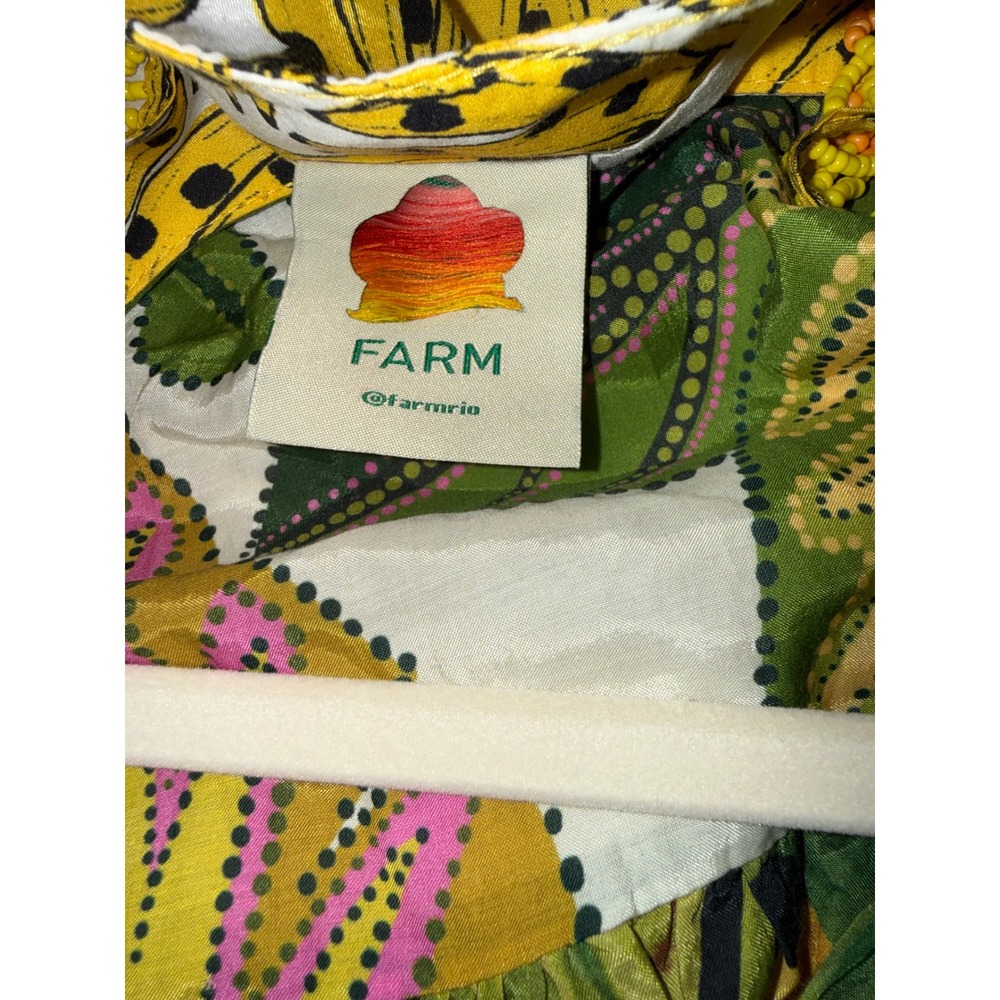 Farm Rio XL Maxi Mixed Prints Dress Yellow Tropical Fruit Beaded Fringe Straps - Picture 5 of 14